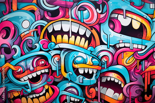 Colorful Graffiti Wall With Many Different Faces © YULIIA
