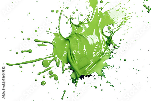 Chaotic green paint splatters spreading wildly on transparent background. photo