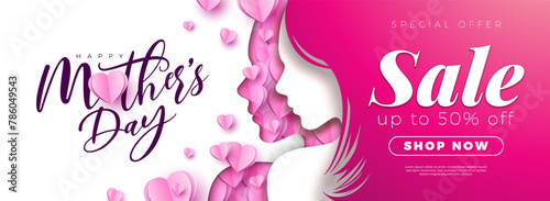 Mother's Day Sale Banner Design with Paper Heart and Woman Face Silhouette on White Background. Vector Seasonal Discount Offer Illustration with Typography Lettering for Voucher, Online Ads, Flyer