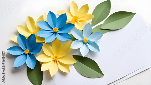 Paper flower and envelope on white background, top view. Mockup for design