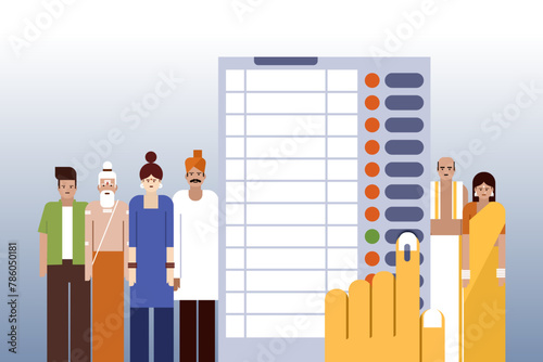 People from different walks of life standing along with an Electronic voting machine. Concept of election in India