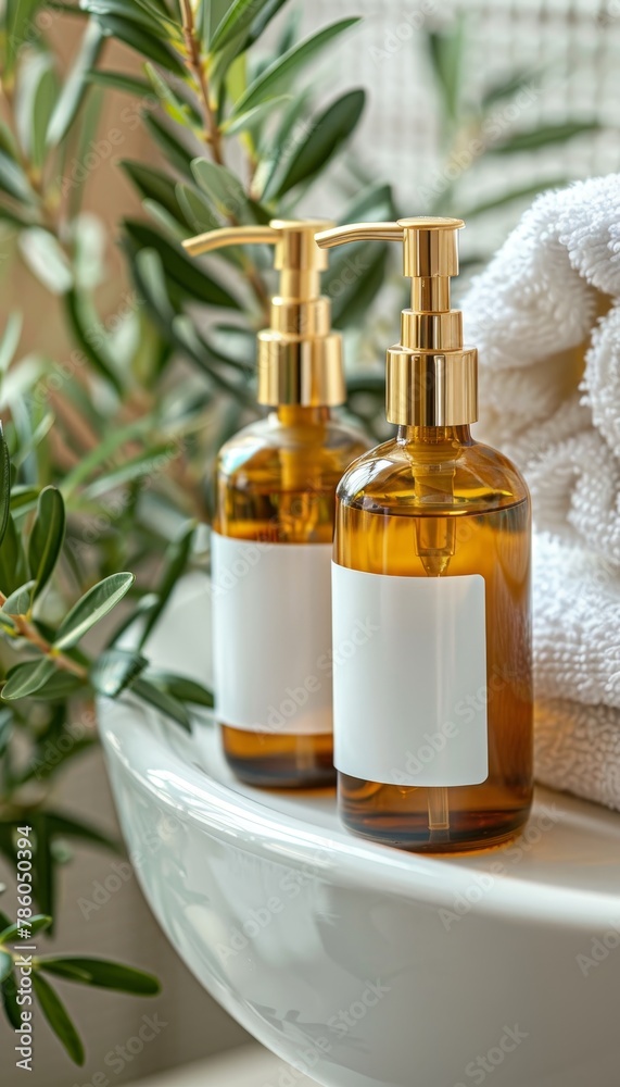 Bathroom spa essentials toiletries, soap, and towel set against a tranquil white background Bathroom spa essentials toiletries, soap, and towel set against a tranquil white background
