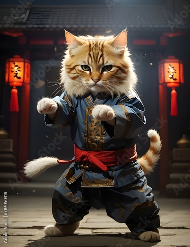the cat wears a chinese shirt with a martial art kungfu style AI Generated Image
