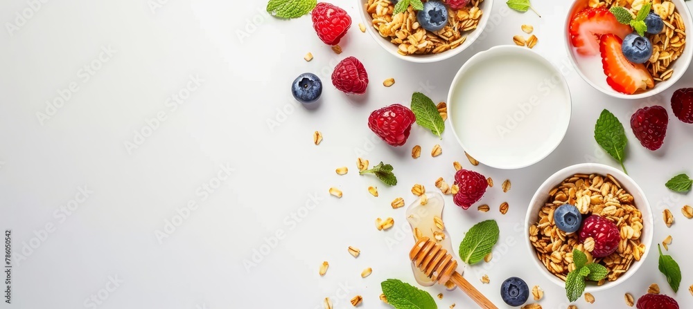 Wholesome american breakfast  granola, milk, berries, honey on white background with text space.