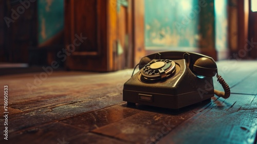 Vintage telephone standing on wooden floor in old house