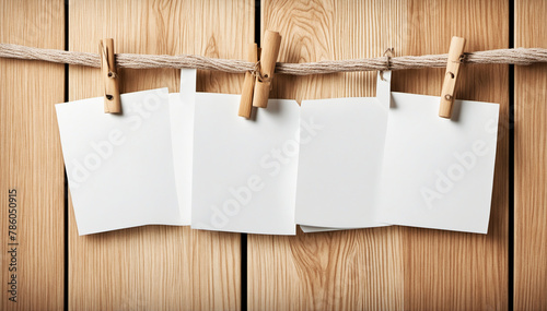 White paper note hang on wooden clothes pegs on a string  photo