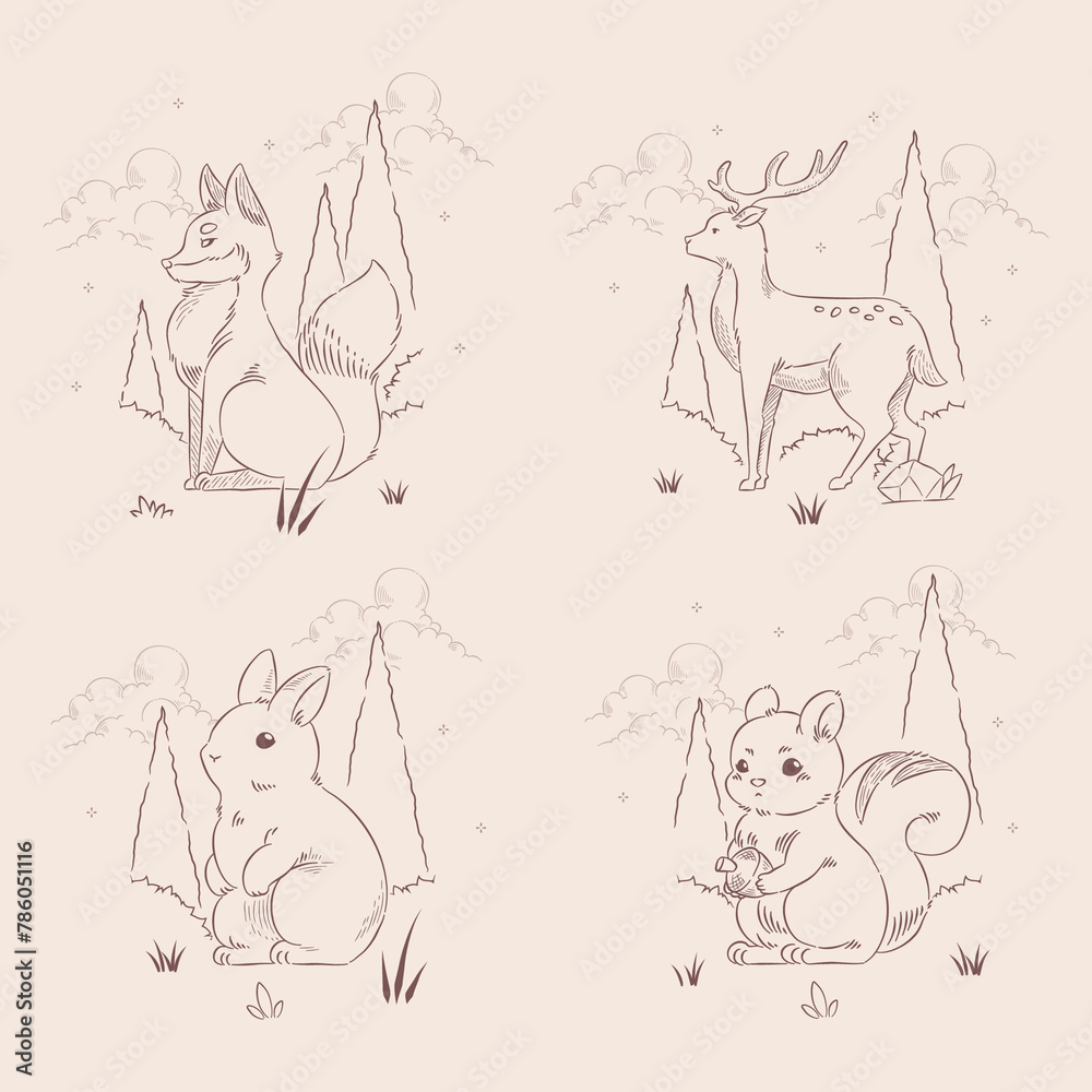 Animal drawing linear composition set