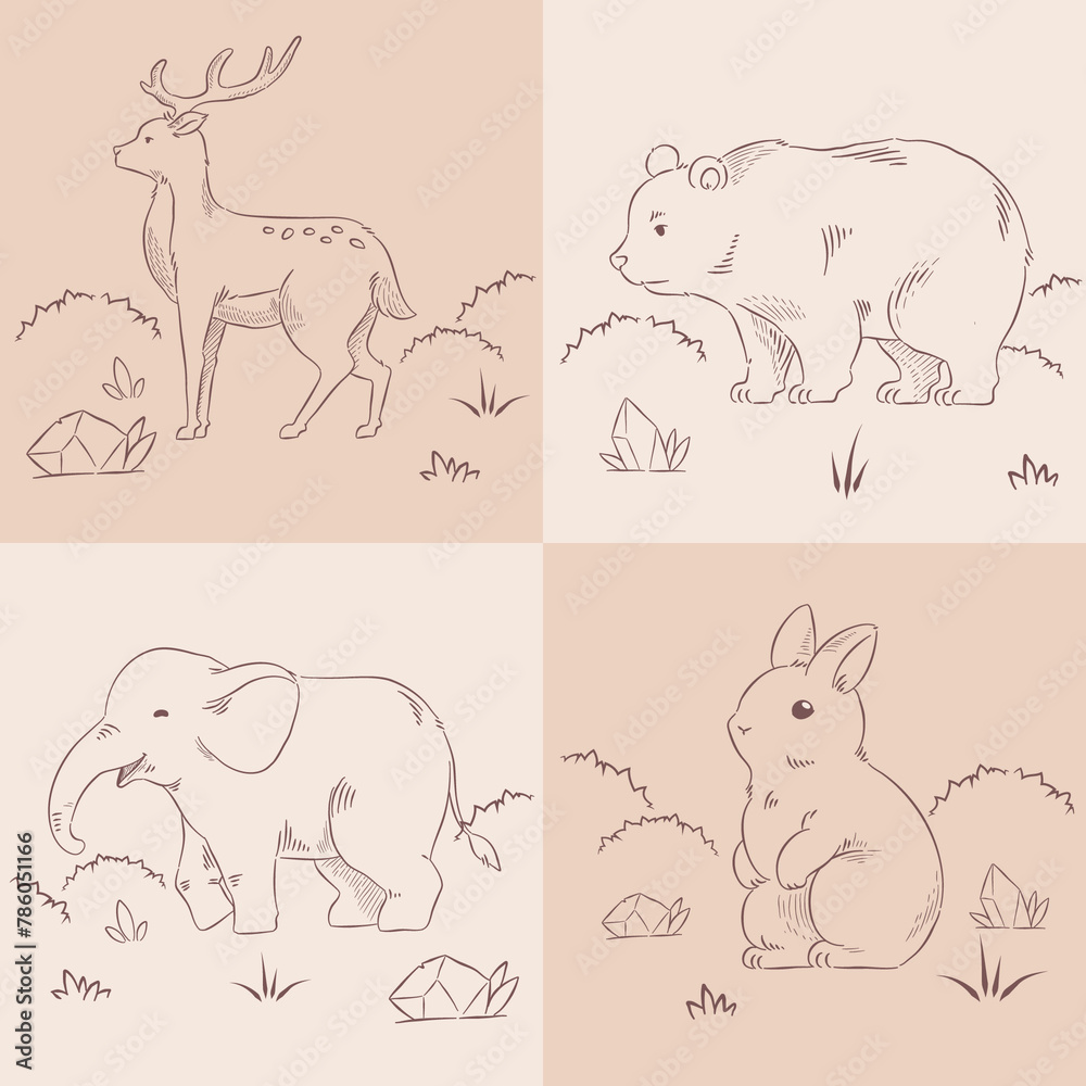 Animal drawing linear flat composition set Animal drawing linear flat composition set