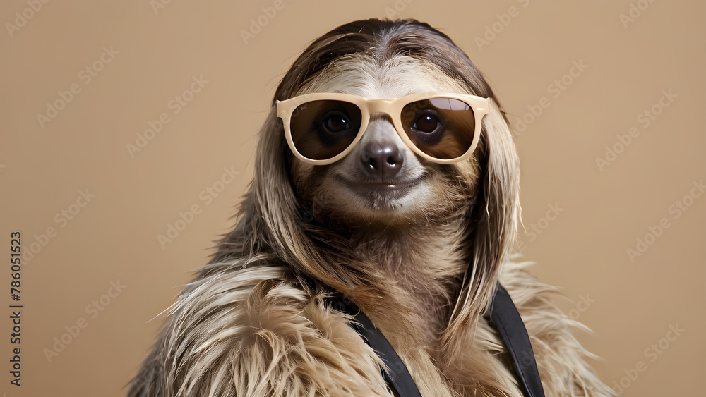 Funny portrait of a cute little sloth wearing sunglasses on a brown background