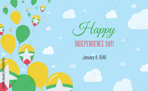 Myanmar Independence Day Sparkling Patriotic Poster. Row of Balloons in Colors of the Myanmarian Flag. Greeting Card with National Flags, Blue Skyes and Clouds. photo