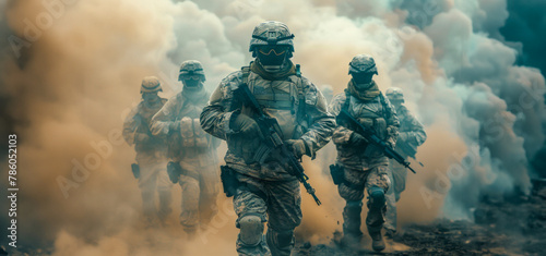 A group of soldiers are running through a cloud of smoke