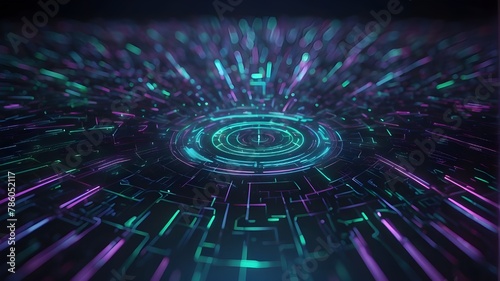 "Digital hologram background pattern on a dark background. The scene features a dynamic and intricate holographic pattern stretching across the entire frame, resembling a futuristic display. The holog