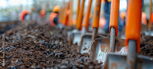 A group of construction workers are using shovels to dig in the dirt photo