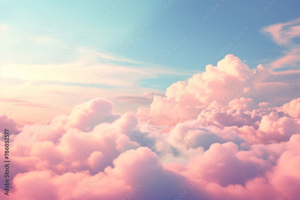 Surreal cloud podium outdoor on blue sky pink pastel soft fluffy clouds with empty space. Beauty cosmetic product placement pedestal present promotion minimal display, summer paradise dreamy concept