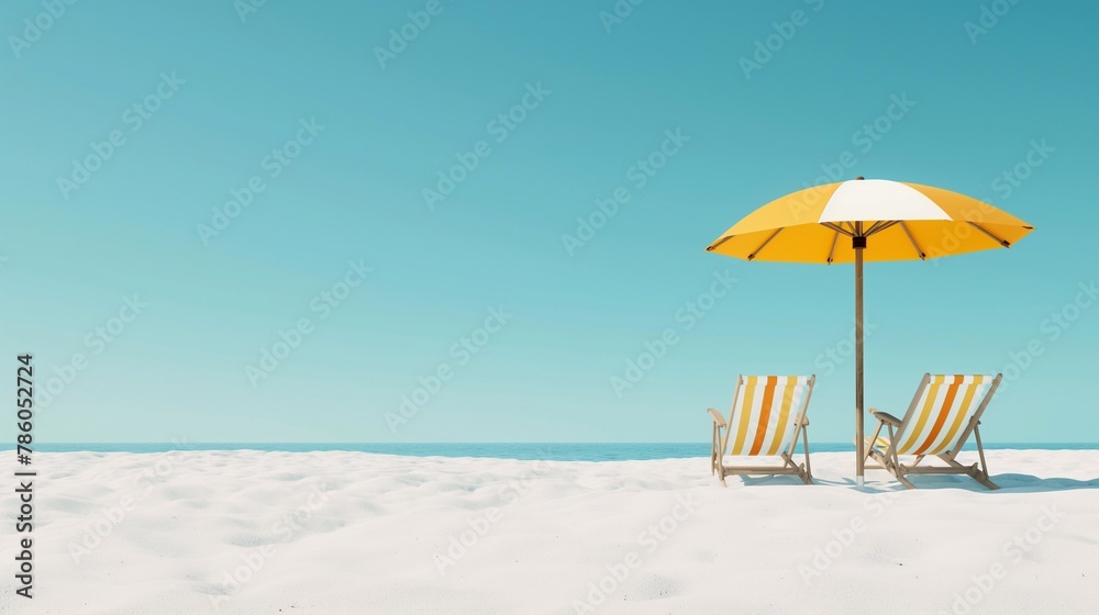 beach relaxed lazy holiday gives you a feeling of carelessness, serenity and peace. two striped white and yellow loungers invite their embrace and contrast with the clear blue sky