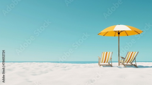 beach relaxed lazy holiday gives you a feeling of carelessness  serenity and peace. two striped white and yellow loungers invite their embrace and contrast with the clear blue sky