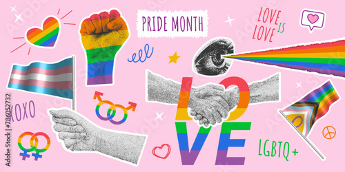 LGBTQ+ pride month halftone collage paper stickers set in contemporary punk grunge style. Trendy vector illustration with hands, eye, rainbow flags, hearts and others elements to decorate LGBT events.