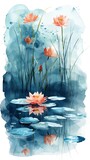 A watercolor painting of pink water lilies in a pond with lily pads and tall grass. The background is a blue wash.