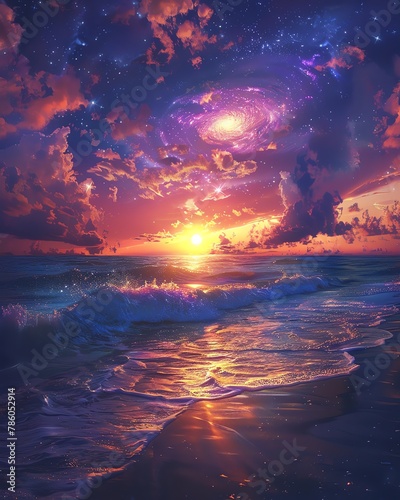 A beautiful sunset over the ocean. The sky is a gradient of purple, pink, and yellow, and the water is a deep blue. The waves are gently crashing against the shore, and the sand is sparkling in the su