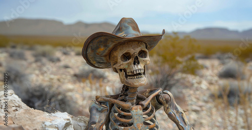 A skeleton wearing a cowboy hat is standing in a desert