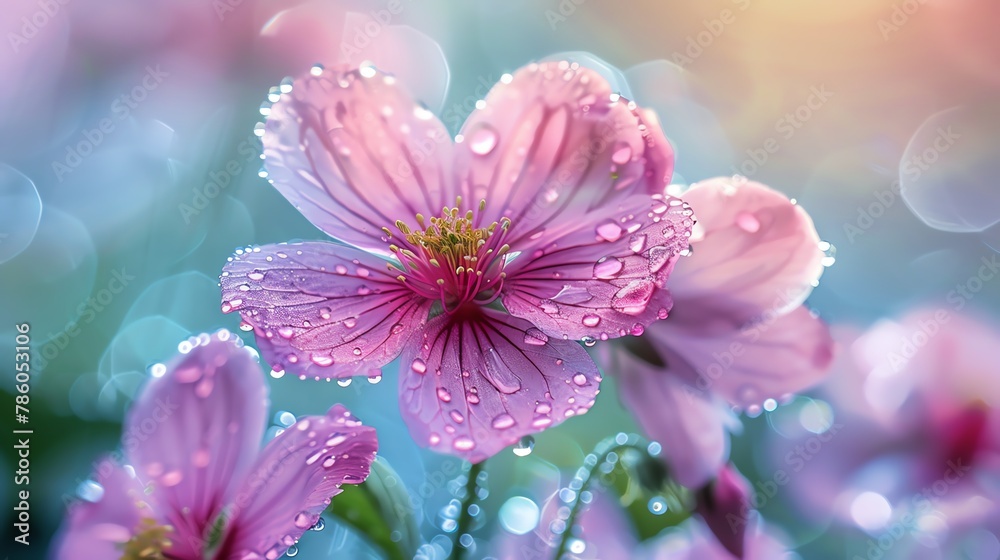 A beautiful close-up of a pink flower with water droplets on its petals. The flower is in focus, with a blurred background.