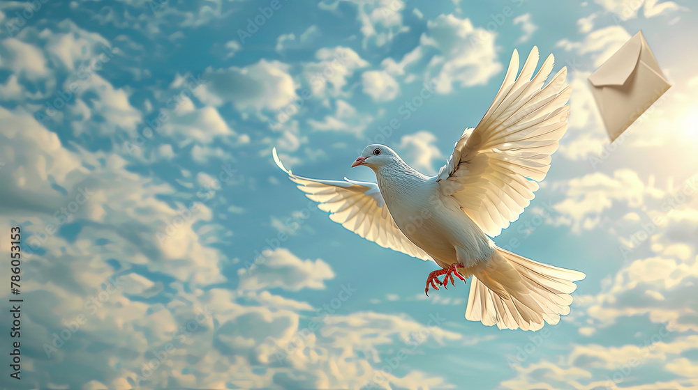 Fototapeta premium white dove with letter flying in the sky, Pigeon post concept