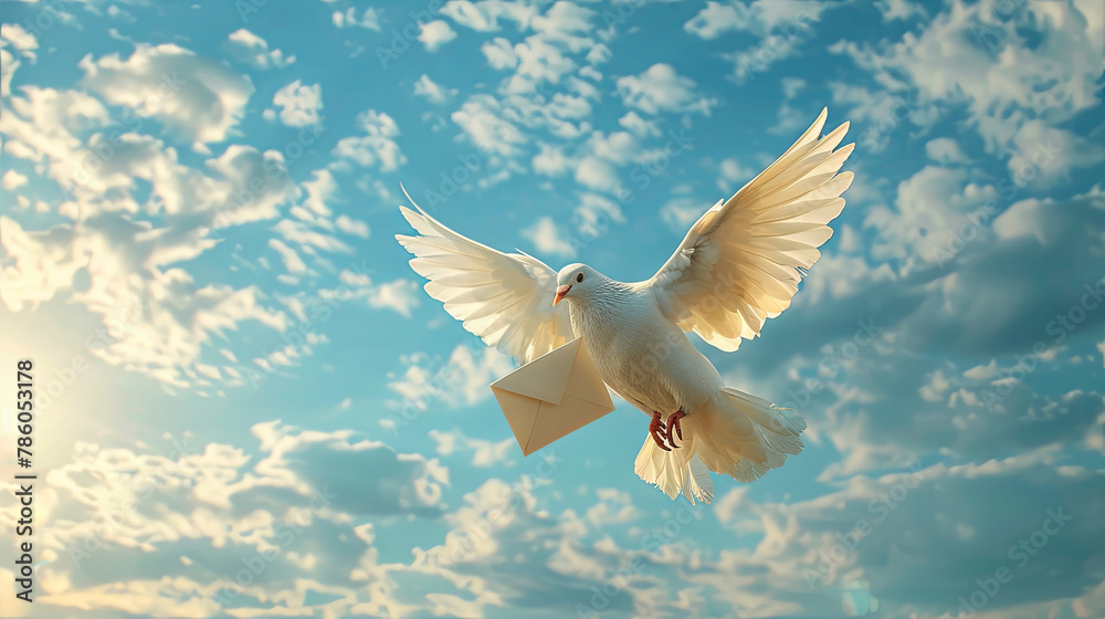 Obraz premium white dove with letter flying in the sky, Pigeon post concept