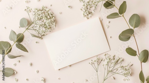 Card Invitation. Wedding Invitation Card Mockup with Natural Eucalyptus and White Gypsophila Twigs