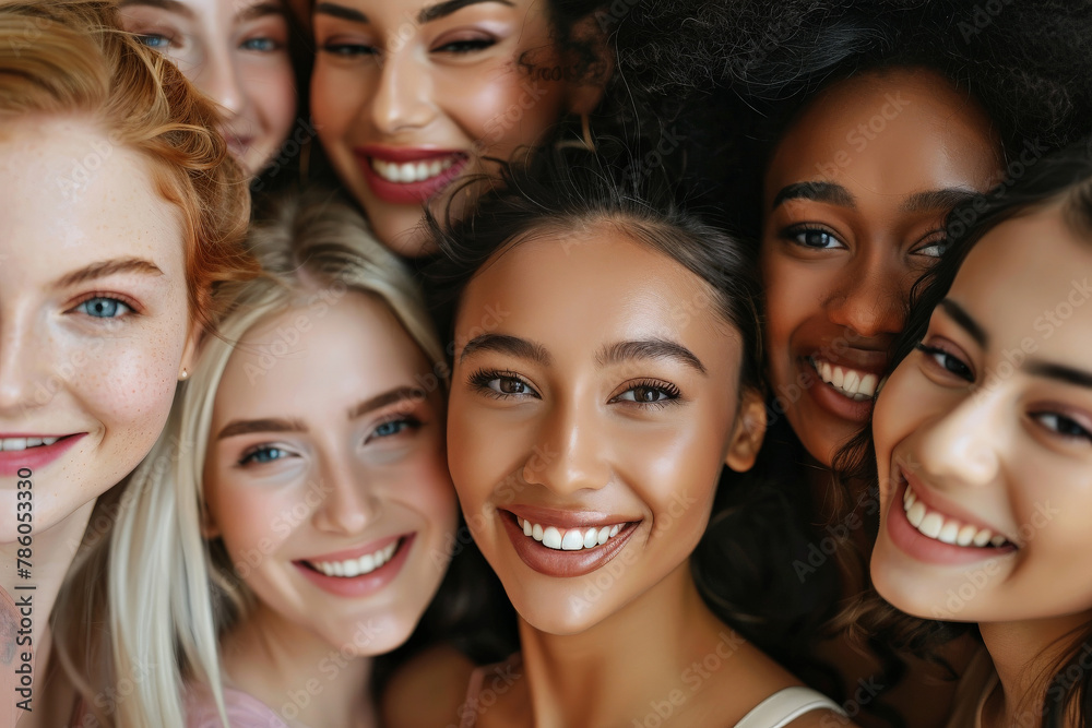 Diverse group of happy women of different races ethnicities smiling, caucasian woman, afro American, asian, latin, diversity concept Diverse group of happy women of different races ethnicities smiling, caucasian woman, afro American, asian, latin, diversity concept