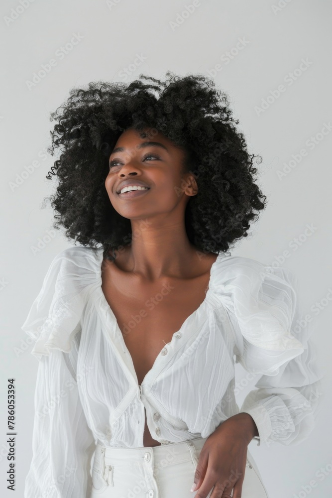 Woman Happy White Background. Portrait of Young African American Woman Smiling with Copy Space Woman Happy White Background. Portrait of Young African American Woman Smiling with Copy Space