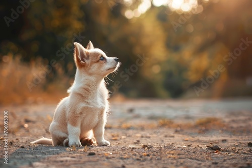 Cute Pet. Small White Welsh Corgi Puppy Sitting Outdoors in Summer