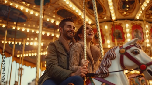 In autumn, in an amusement park, a man and a woman ride on a carousel in warm outerwear. people laugh and are happy