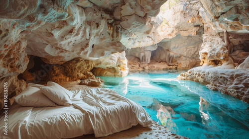 Tranquil underground cave bedroom, luxury cozy warm bed with clear blue water pool, natural sunlight coming from above