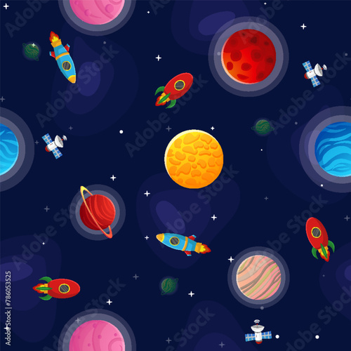 Space cartoon seamless pattern. Cute design for kids fabric and wrapping paper. Planets and stars in the open space. Childish galaxy scene. Space cartoon vector illustration.