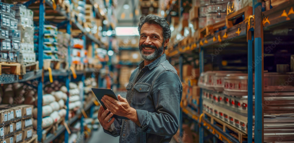 A man is smiling and holding a tablet in a warehouse