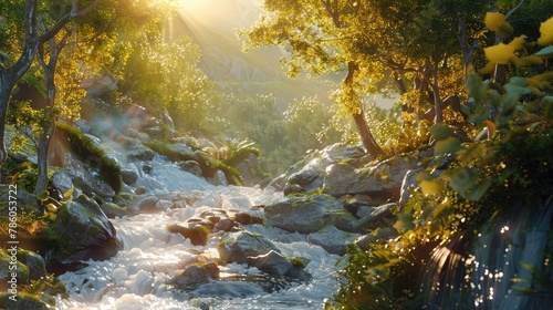 A serene mountain stream winding its way through a sun-dappled forest  with moss-covered rocks and vibrant foliage lining its banks  a tranquil oasis amidst the wildernes