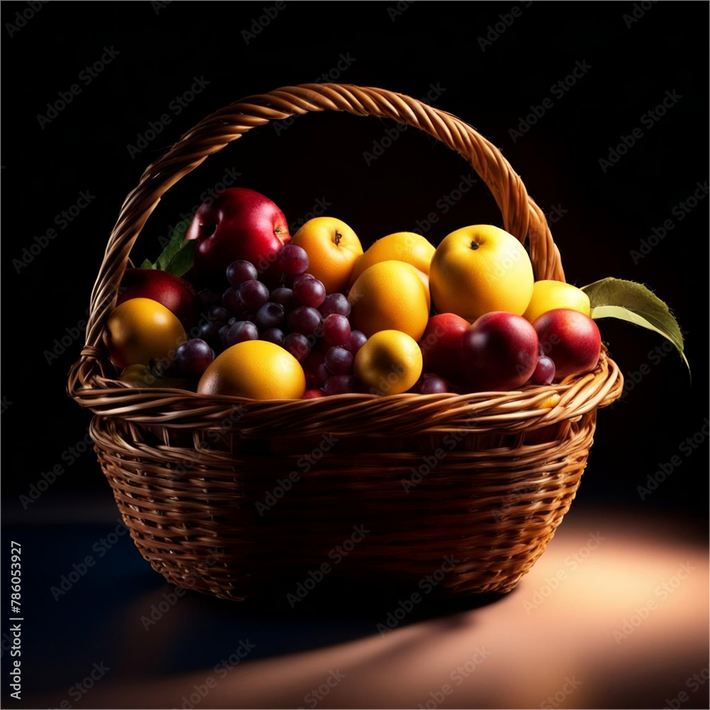 Fruit basket on a dark background: realistic image of fresh fruit, studio photo style Fruit basket on a dark background: realistic image of fresh fruit, studio photo style