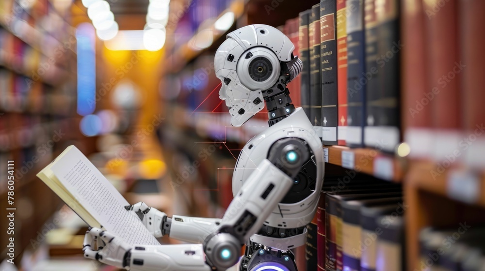 Fototapeta premium Robot Lawyer Analyzing Legal Documents and Preparing for a Court Case