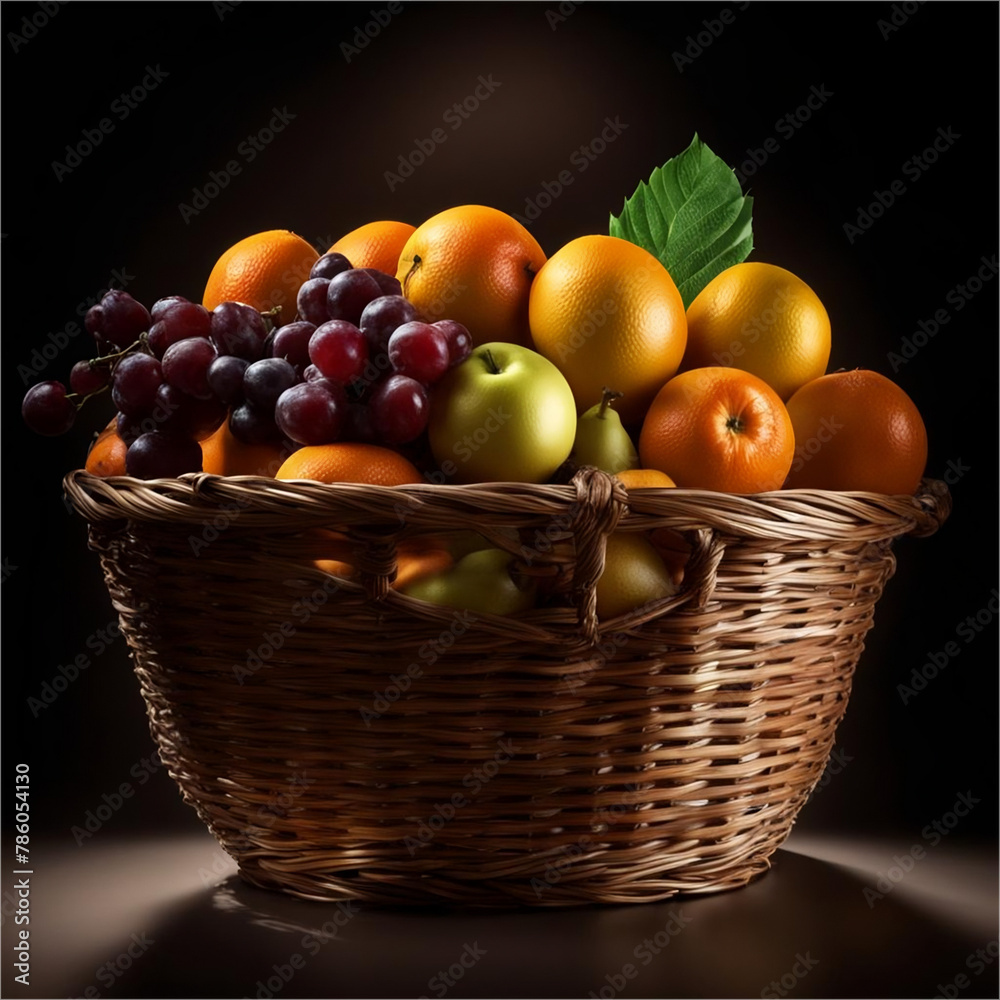 Fruit basket on a dark background: realistic image of fresh fruit, studio photo style Fruit basket on a dark background: realistic image of fresh fruit, studio photo style