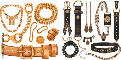 Chain belts. Brushes golden chains and leather belt with metal buckle