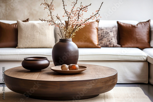 Boho interior design of modern living room, home. Wooden round coffee table with clay vase on it near white sofa with brown pillows. © Vadim Andrushchenko
