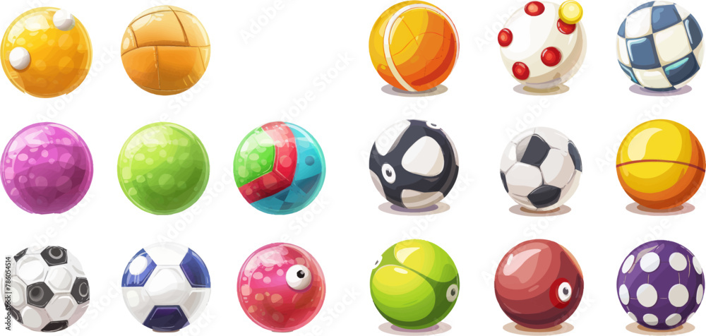 Cartoon billiard football and ping-pong balls, leisure sports equipment, colorful collection of spheres