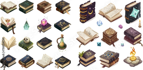 Witchcraft spell book icons with alchemy symbols, old mystic sourcer diary for game GUI menu items design