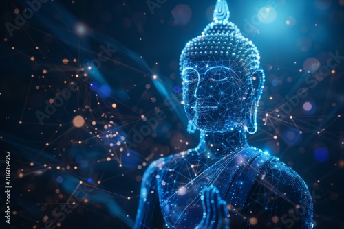 Buddha sculpture hologram style glowing with digital connections, ai contamination technology , blue dark background with glow lights