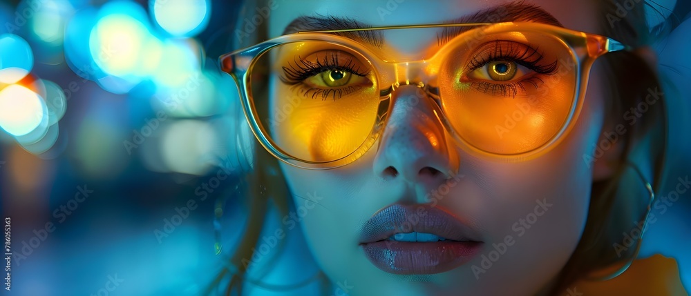 Radiant Gaze: Woman with Amber Shades Against Neon Night. Concept Fashion Shoot, Urban Style, Bold Makeup, Night Photography, Street Fashion