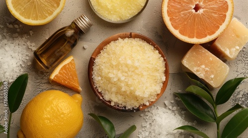 Exfoliating Scrub Ingredients Arranged Elegantly on Wooden Surface with Scattered Leaves for Natural Skincare Treatment