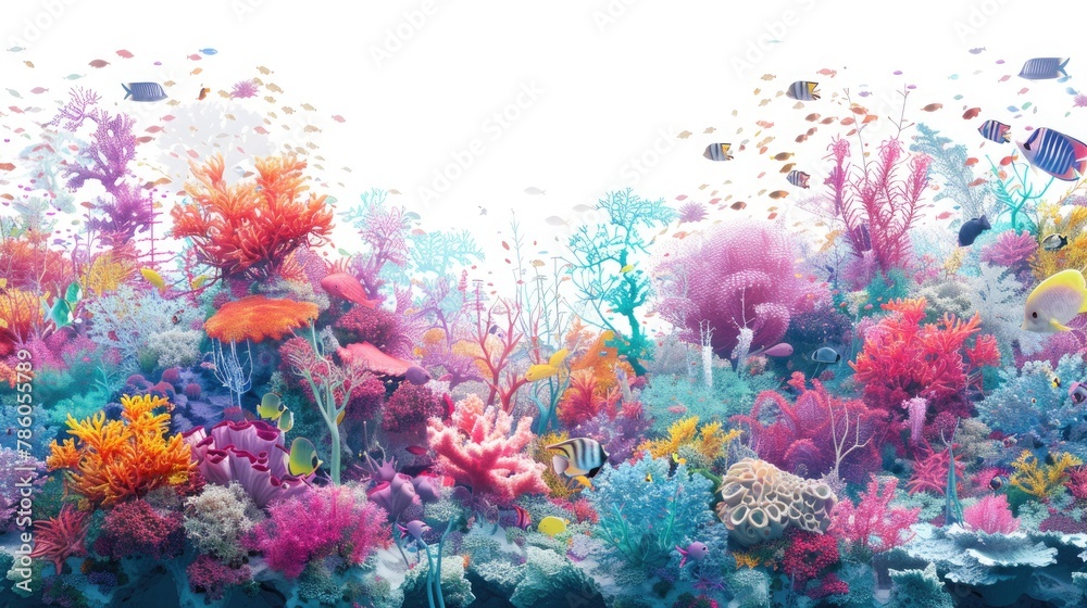 A vibrant coral reef, teeming with colorful marine life, set against a backdrop of pure white, highlighting the vivid beauty of the underwater world.