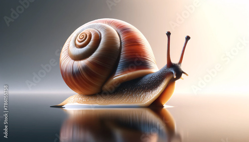 a snail with a shiny, brown and tan spiral shell