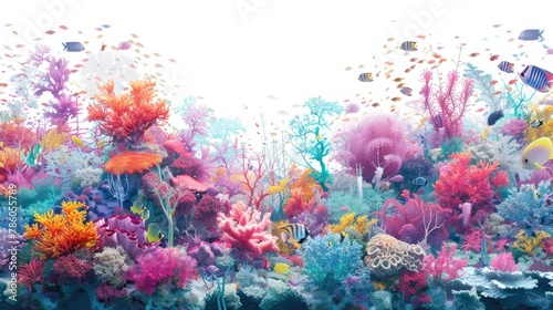 A vibrant coral reef  teeming with colorful marine life  set against a backdrop of pure white  highlighting the vivid beauty of the underwater world.