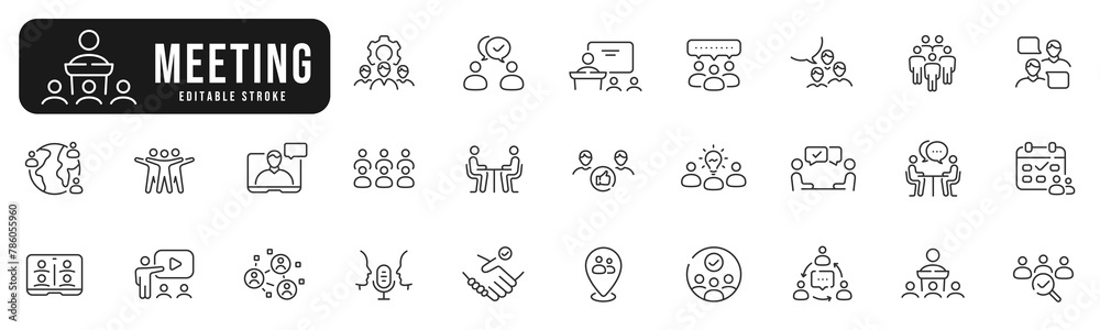 Fototapeta premium Set of meeting related line icons. Conference, team, group, presentation etc. Editable stroke